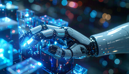 Robotic hand and Tech: A futuristic robotic hand delicately interacts with a network of digital data. Showcasing the convergence of technology and artificial intelligence.