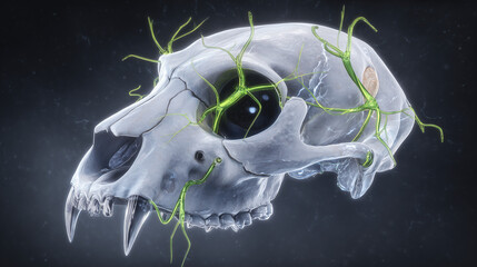 Translucent cat skull with glowing neurons and emerald-green tendrils in dark void