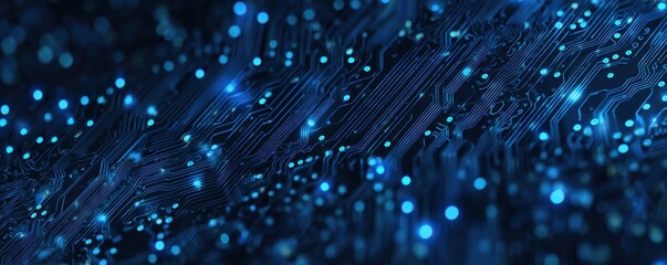 Close-up of intricate circuit board with glowing components.  Blue lines and glowing points create a complex, technological pattern.  Dark background emphasizes the vibrant blue details