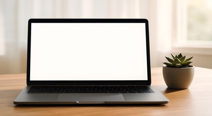 Fototapeta premium Modern open laptop with blank white screen on a wooden desk next to a potted succulent plant illustration
