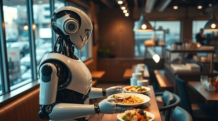 Robot waiter serving food. (10)