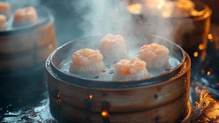 Warm steam rises from bamboo baskets filled with succulent shrimp dumplings, showcasing the artistry of dim sum preparation in a lively street market at sunrise.