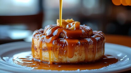 Experience a warm, gooey pastry drizzled with luscious caramel. Topped with a hint of cinnamon, its the ideal treat perfect for a sweet breakfast or afternoon indulgence. - Powered by Adobe