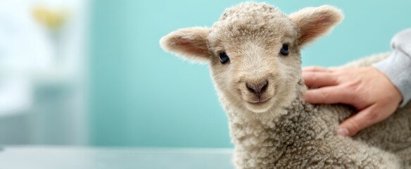 The adorable lamb being gently petted in a serene indoor setting.