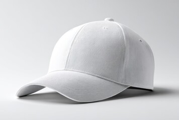 Fototapeta premium A plain white baseball cap, structured with a curved brim, sits angled on a light gray background, casting a subtle shadow