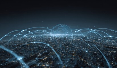 Global network connects a city at night.  Light trails and glowing lines radiate from a central earth graphic over a cityscape