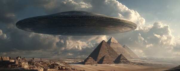 A large, dark gray UFO hovers over ancient pyramids in a vast, sandy desert landscape.  Clouds fill the sky