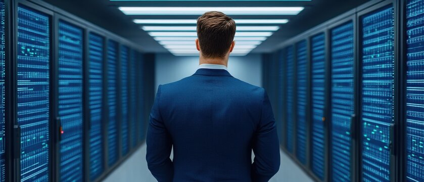 Businessman in Suit Staring at Server Room Full of Technology Equipment