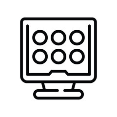 Outline icon of a monitor with six circular shapes on its screen. Editable stroke. Vector icon illustration