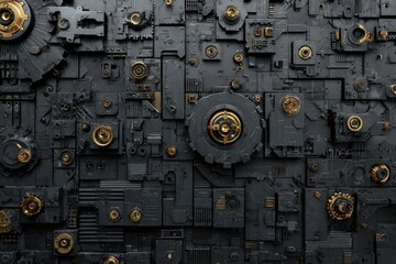 Fototapeta premium Abstract mechanical wall, dark gray and gold. Detailed, intricate, and futuristic