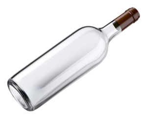 Empty Wine Bottle: A transparent glass wine bottle lies at an angle, displaying its form