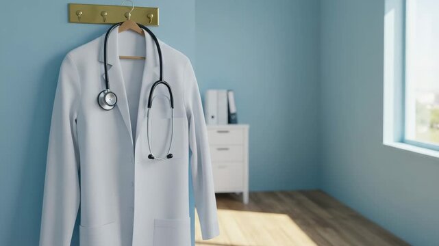 Doctor's white coat hanging with stethoscope in medical office  