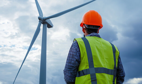 Wind energy revolution engineer inspecting turbine renewable energy site outdoor perspective clean energy tech advancement