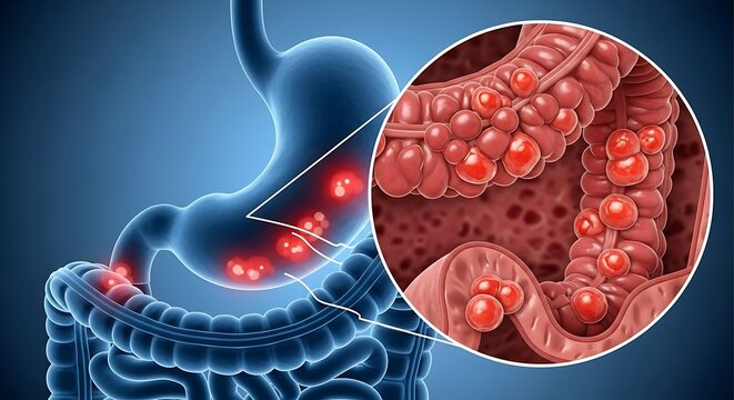 Illustration of stomach and colon with polyps indicating potential health issues