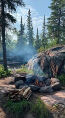 Obraz premium A natural scene with a fire pit nestled among rocks, surrounded by verdant trees and rising smoke under a bright, airy sky