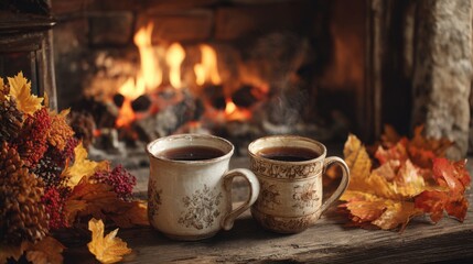 Two rustic coffee cups filled with dark brew sit on a wooden surface next to a fireplace. Colorful autumn leaves and pinecones decorate the scene, enhancing the warmth.