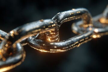 A close-up view of a metallic chain.  Binary code is embedded into the links, glowing with a golden light.  Dark background