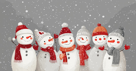 a group of cute snowmen wearing different hats and scarves, standing in the falling snow with a blue sky background. the overall color scheme is mainly white,