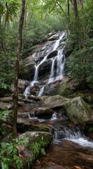 Naklejka premium Waterfall cascading down moss-covered rocks through lush, green forest foliage. Long exposure creates a serene, blurred motion effect