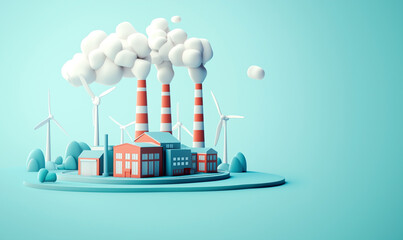 Stylized 3D illustration of a factory with striped smokestacks emitting clouds beside wind turbines, contrasting pollution and renewable energy on a minimal pastel blue background.