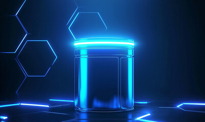 A sleek metallic jar glows with a neon blue ring, set on a futuristic platform with hexagonal outlines, evoking high-tech packaging or an energy container.