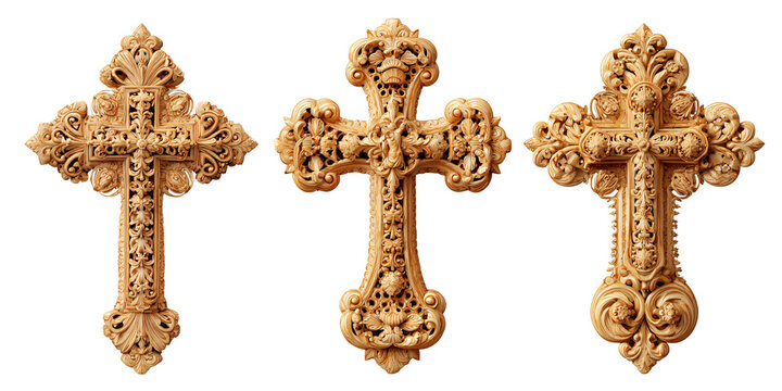 Ornate wooden crosses with intricate carvings, showcasing religious faith and traditional craftsmanship Concept of spirituality, Christianity, and cultural heritage