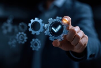 A suited man's hand activates a gear with a checkmark inside, set against a dark blurred background with other gears. Illuminated highlights