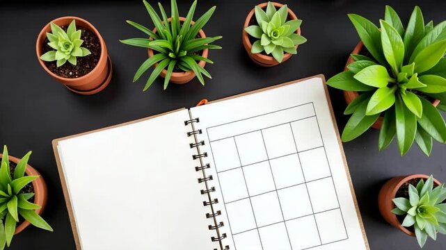 Succulent plants arranged around an open planner on black background  