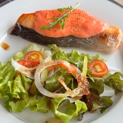 grilled salmon steak with salad.