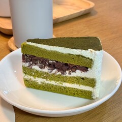 piece of cake. matcha green tea cake with red beans.