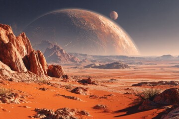 Alien desert landscape, a large red planet and moon in the distance