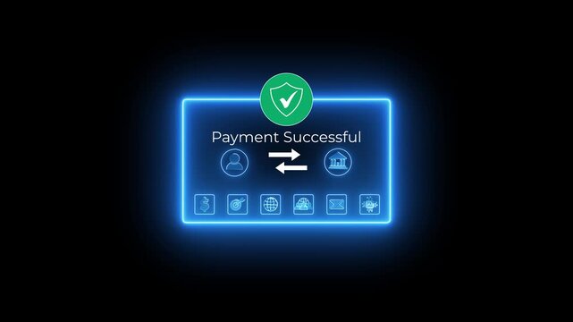 Successful payment confirmation in online digital banking. Displaying Payment Successful message, with icons representing online transactions, Motion graphics of account to bank transfer concept. 4k