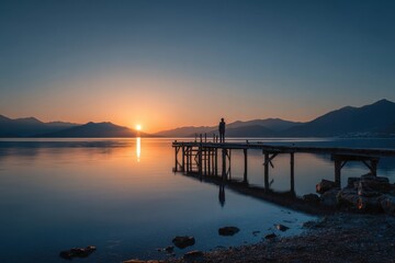 Sunrise over tranquil lake, solitary figure on wooden pier