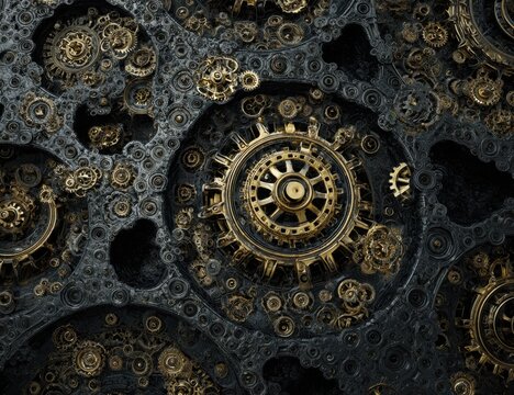 Intricate gears and mechanisms.  Dark gray and gold intricate mechanical design.  Close-up view of interconnected gears and cogs