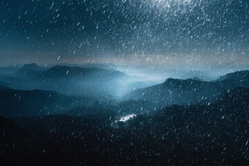 Night rain falls on misty mountains, starlit sky