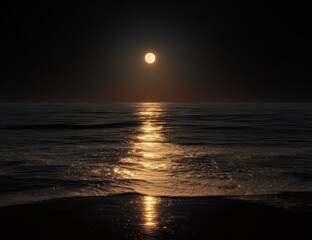 Night beach scene with moonlight and orange glow reflecting on ocean waves, golden sand with small silhouette footprints, dark black sky and yellow sun creating high resolution low angle view