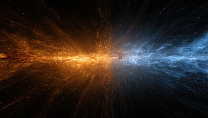 Cosmic energy streams collide.  Fiery orange and icy blue nebulae burst outward from a central point.  Particles and light streaks