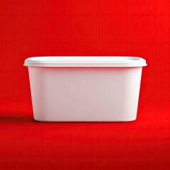 A plain white rectangular plastic tub with a tight-fitting lid sits on a vibrant red background