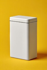 A plain white rectangular metal tin sits on a vibrant yellow background, subtly shadowed, suggesting a clean, minimalist design