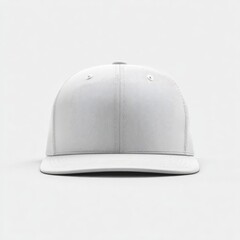 A plain white, six-panel structured baseball cap with a flat brim, shown from a front view against a neutral background