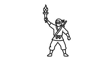 Line Art Ninja Holding a Flaming Torch.