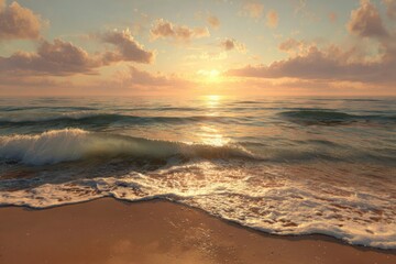 Golden sunset over ocean waves lapping sandy shore