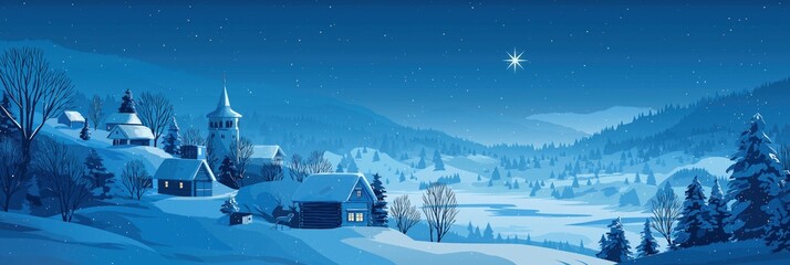 Under a starry sky with gently falling snow, warm light glows from cozy cabins nestled in a peaceful winter wonderland. 
