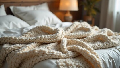 Cozy and warm knitted blanket draped over a bed, inviting a peaceful night's sleep Soft textures and neutral colors create a serene atmosphere for restful slumber , unwind, peaceful, night