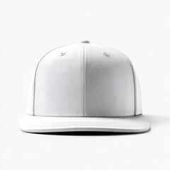 A plain white, structured baseball cap with a flat brim, shown from a front, slightly low angle