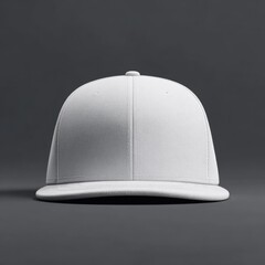 A plain white, structured baseball cap with a flat brim, shown front-on against a dark gray background