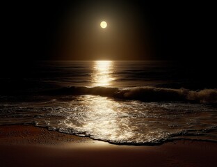 Night beach scene with moonlight and orange glow reflecting on ocean waves, golden sand with small silhouette footprints, dark black sky and yellow sun creating high resolution low angle view