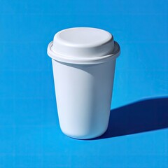 A plain white to-go cup with a snug lid sits on a vibrant blue background, casting a slight shadow