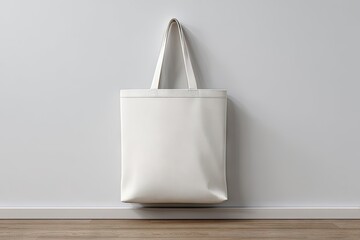 A plain white tote bag hangs against a minimalist white wall with a light brown wood floor, appearing unbranded and ready for customization or use