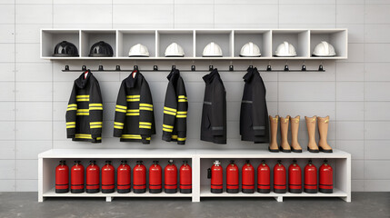 Firefighter gear and equipment neatly organized in a fire station locker room